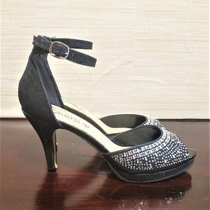 Women Kelsie Black Satin, Glitter crystal Bead Strappy Stiletto Sandals, US 8-9